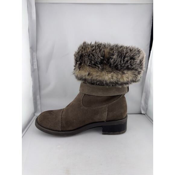 Cougar Winter Boots Women‎ 7M Taupe Suede Faux Fur Fold-Over Buckle Heel Franca - Picture 3 of 12